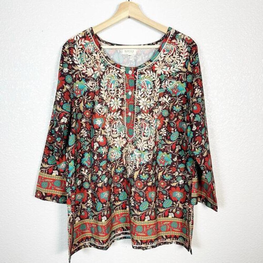 Novica NEW XXL Womens Boho Artsy Embroidered Floral Print‎ Blouse Multicolor